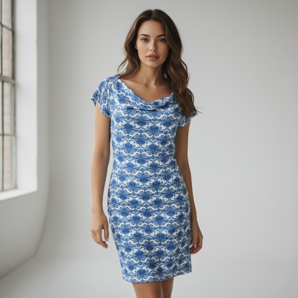 Title Nine Blue Scroll Print Cowl Neck Supplex Athletic Dress Womens Small
